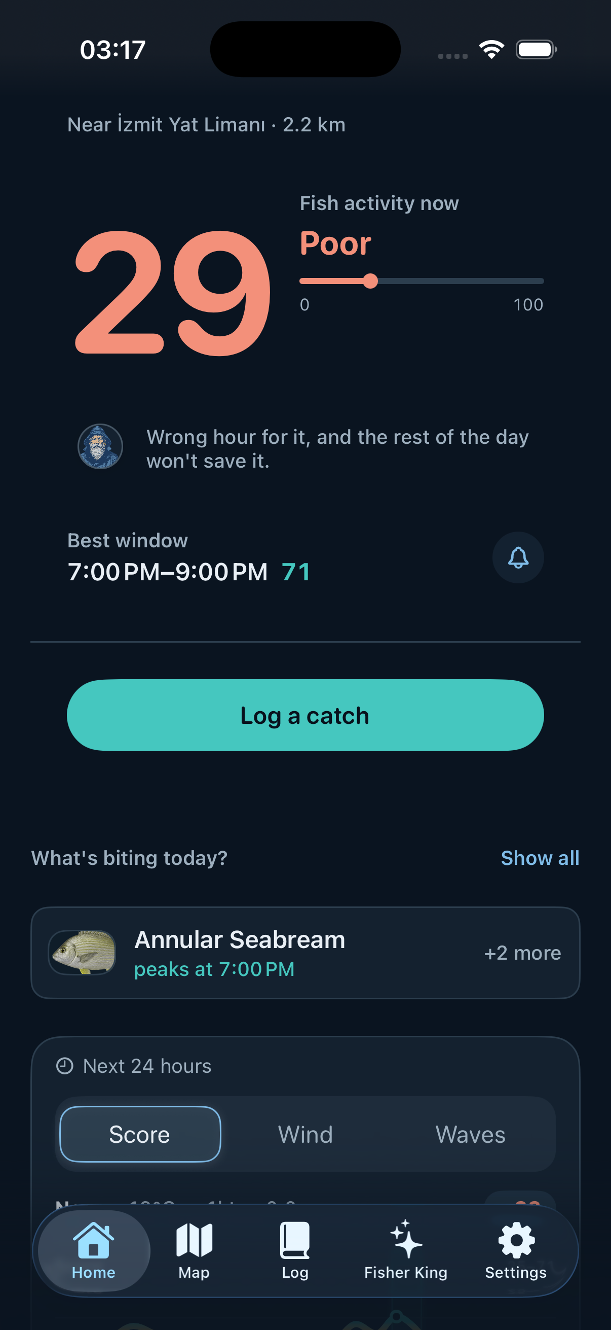 Fisher King home screen showing a current fishing score and best window