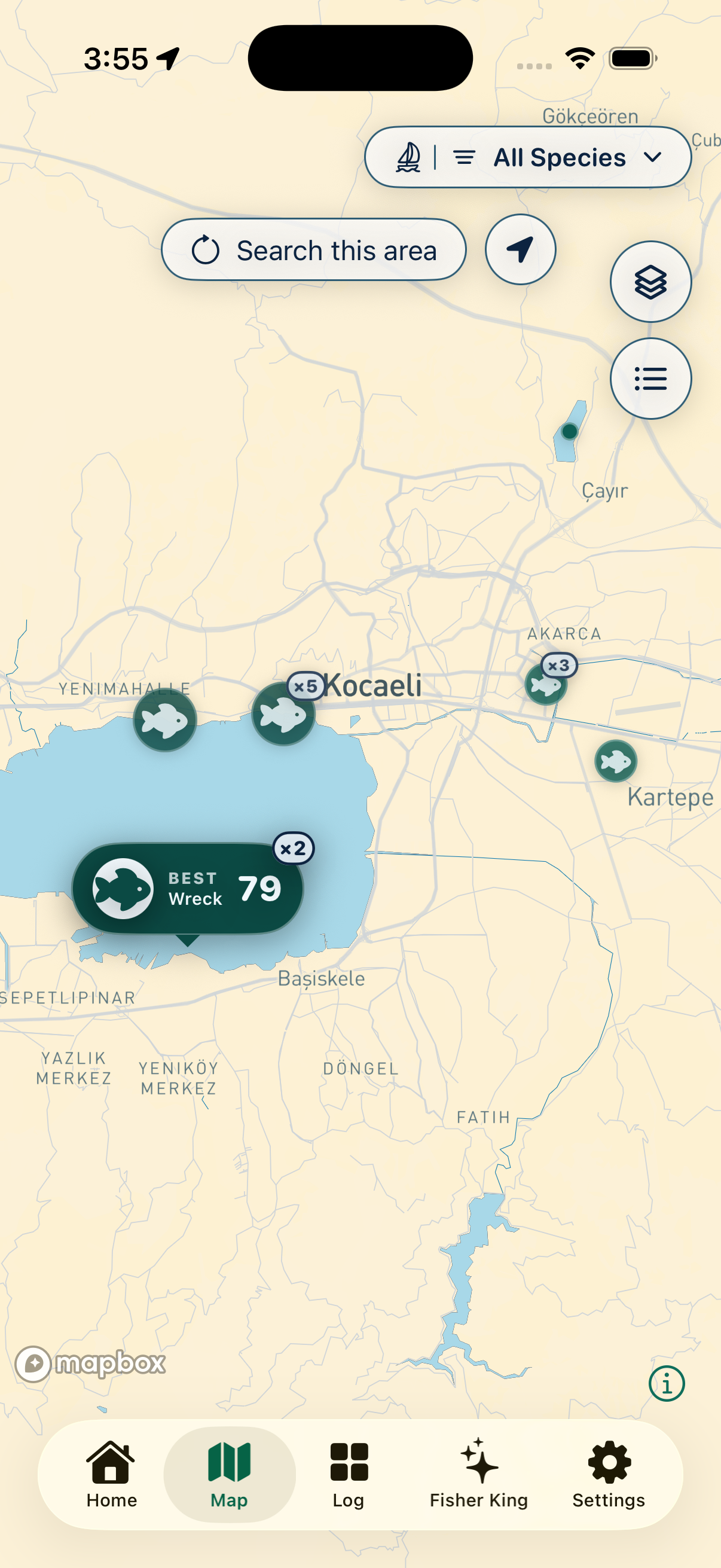Fisher King fishing map with spot scores